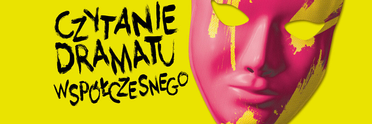 Typograficzna reklama wydarzenia i różowa maska na żółtym tle