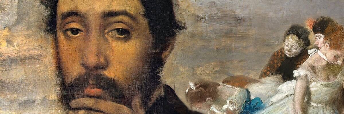 Twarz Degasa trzymającego się za brodę i obok niego stojące kobiety