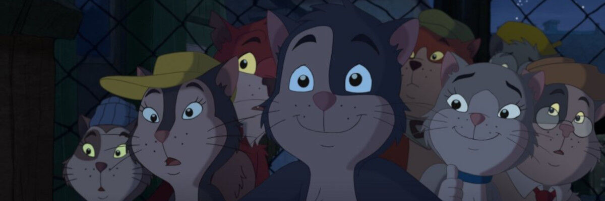 Kadr z filmu. Grupa rysunkowych kotów. 