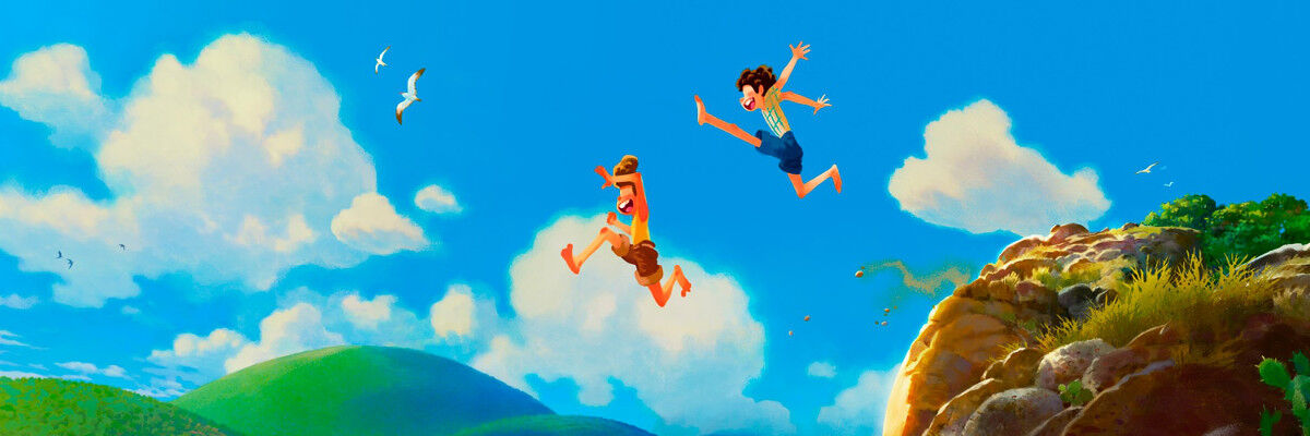 Dwóch animowanych chłopców zeskakuje ze wzgórza 