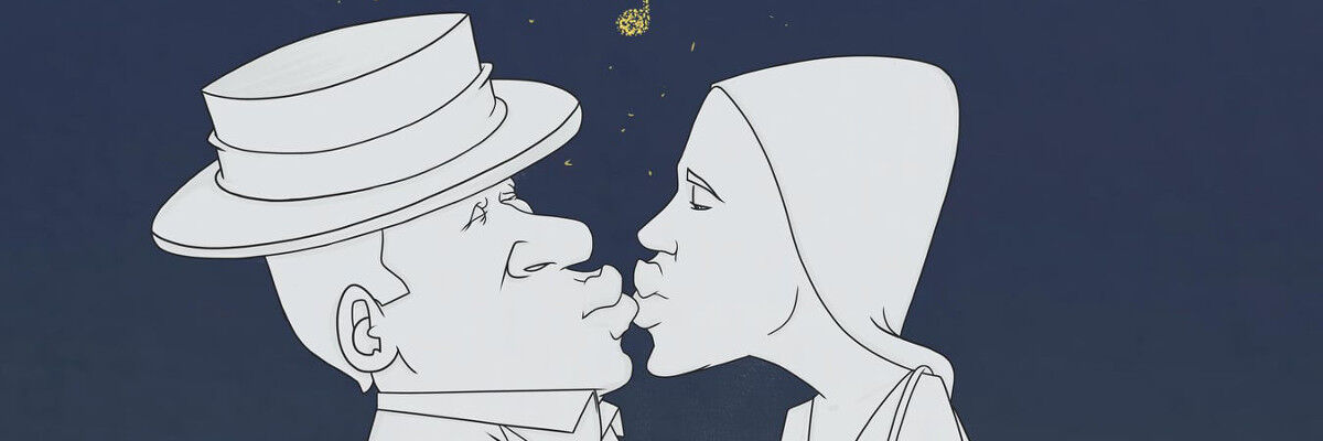 Całujący się rysunkowi mężczyzna w kapeluszu na głowie i kobieta z chustką