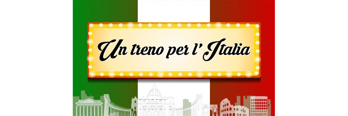 Napis "Un treno per l'Italia" na fladze Włoch i kontury ważnych włoskich budynków 
