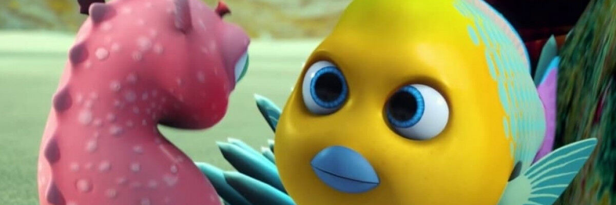 Kadr z filmu. Animowana rybka i konik morski. 