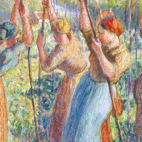 Obraz Pissarra przedstawiający kobiety wbijające tyczki pod drzewem 