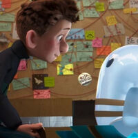 Animowany chłopiec i jego robot siedzą naprzeciwko siebie w tle tablica korkowa z notatkami 