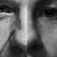 Czarno-biały portret fotograficzny składający się z połowy twarzy kobiety i połowy twarzy mężczyzny 