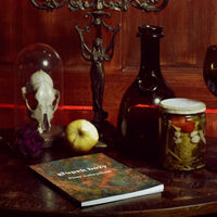 Na stoliku książka, nadgryzione jabłko, świecznik, kieliszek, butelka, słoik z ogórkami i zwierzęca czaszka