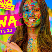 Typograficzna reklama imprezy i fotografia uśmiechniętej, pokrytej kolorowymi proszkami dziewczyny