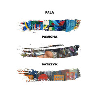 Typograficzna reklama wystawy i fragmenty obrazów Darka Pali, Jacka Pałuchy i Adama Patrzyka