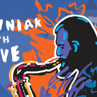 Rysunek saksofonisty i typograficzna reklama koncertu