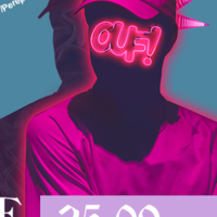Typograficzna reklama imprezy oraz różowa sylwetka mężczyzny z napisem "OUF!" zamiast twarzy