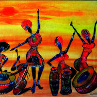 Typograficzna reklama i afrykańska grafika przedstawiająca tańcząca i grających na bębnach ludzi