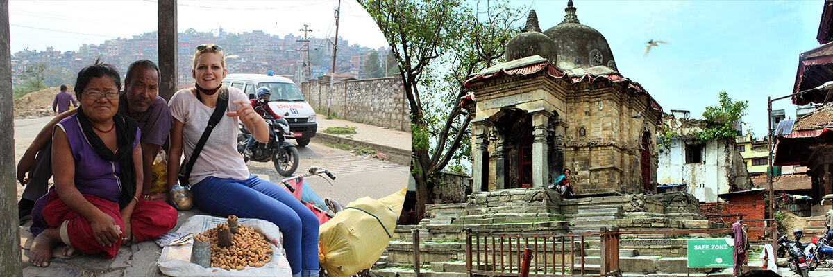 Dwa zdjęcia. Na pierwszym podróżniczka Anna Kołodziejska siedząca z dwiema kobietami na skale, a na drugim budynek w Nepalu