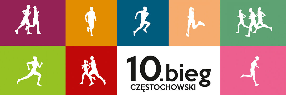 Białe piktogramy postaci ludzi uprawiających sport w kolorowych kwadratach, a na dole czarny napis w białym prostokącie "10. bieg częstochowski" 