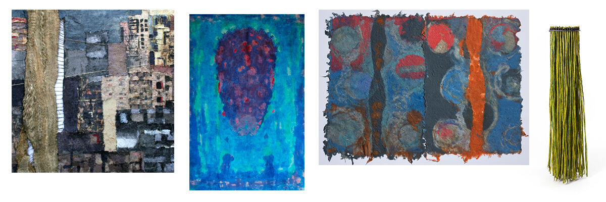 Cztery obrazy malarskie. Pierwszy przedstawiający przypominające budynki kształty w kolorach brązowo-granatowych, drugi niebieski obraz, na środku fioletowo-czerwony kształt. Trzeci kolorowe plamy w odcieniach niebieskiego i pomarańczu i czwarty obraz przedstawiający zielone "sznury" zwisające pionowo