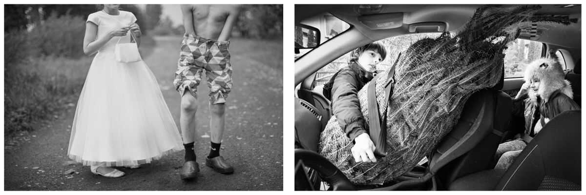 Zdjęcia Justyny Janus. Na jednym dziewczyna w komunijnej sukience i chłopiec w krótkich spodenkach, na drugim chłopiec wkłada choinkę do samochodu 
