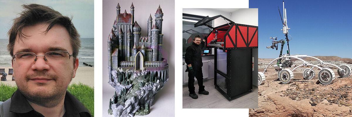 Specjalista druku 3D Michał Liberda, zdjęcia marsjańskiego łazika, drukarki 3D oraz wydrukowanego w tej technologii zamku. 