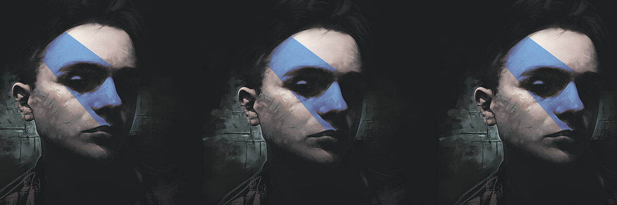 Trzy (takie same, powielone) artystyczne zdjęcia twarzy Antoniego Borkowskiego, na którego twarzy znajduje się niebieska poświata