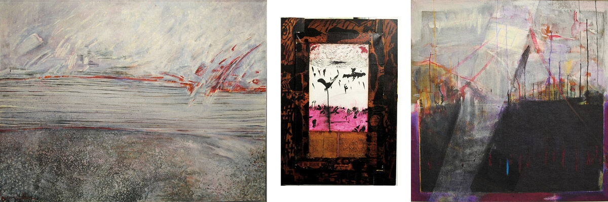 Trzy abstrakcyjne obrazy Jolanty Winiszewskiej, Zenona Widaka i Wernera Lubosa
