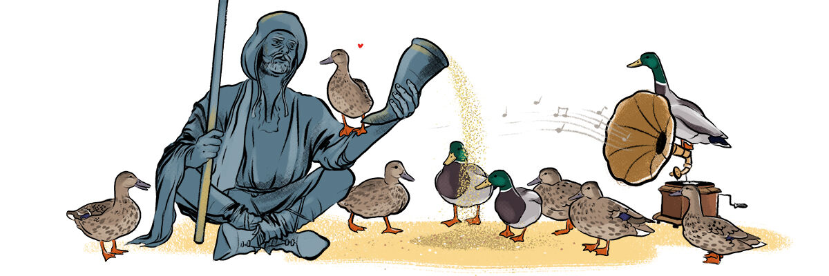 Ilustracja przedstawiająca Częstocha, kaczki i stary gramofon 