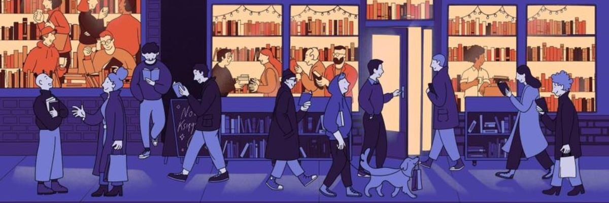 Rysunek - spacerujący ludzie na tle półek z książkami nocną porą