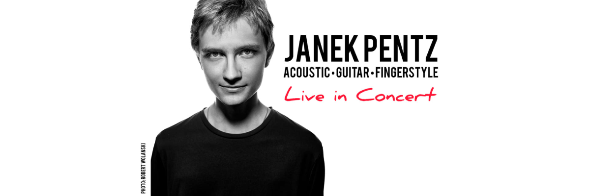 Janek Pentz ubrany w czarną koszulę, a obok czarny napis "Janek Pentz accoustic guitar fingerstyle" i niżej czerwony napis "Live in Concert"