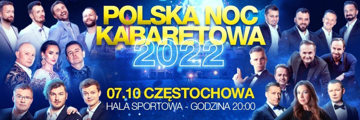 Twarze kabareciarzy występujących na Polskiej Nocy Kabaretowej 2022 na niebieskim tle