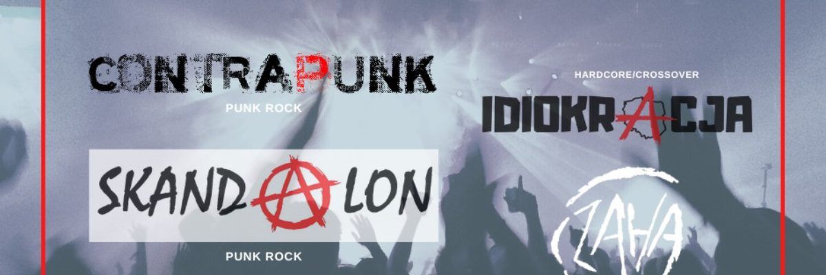 Logo zespołów Contrapunk, Skandalion, Idiokracja na tle uniesionych do góry rąk 