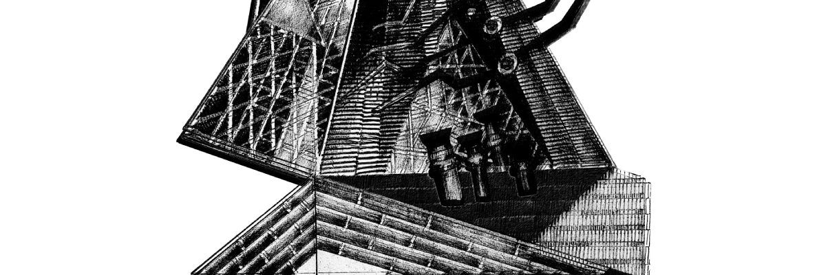 Czarny szkic figur geometrycznych przypominających budynek