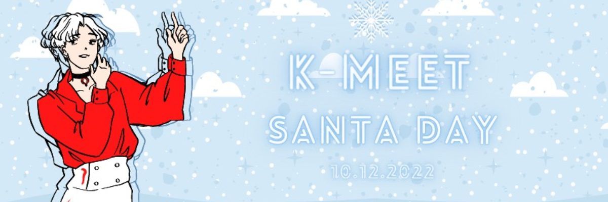 Postać z anime w czerwonym swetrze, a po prawej stronie napis "K-meet Santa Day" na błękitnym tle, na którym są białe chmurki