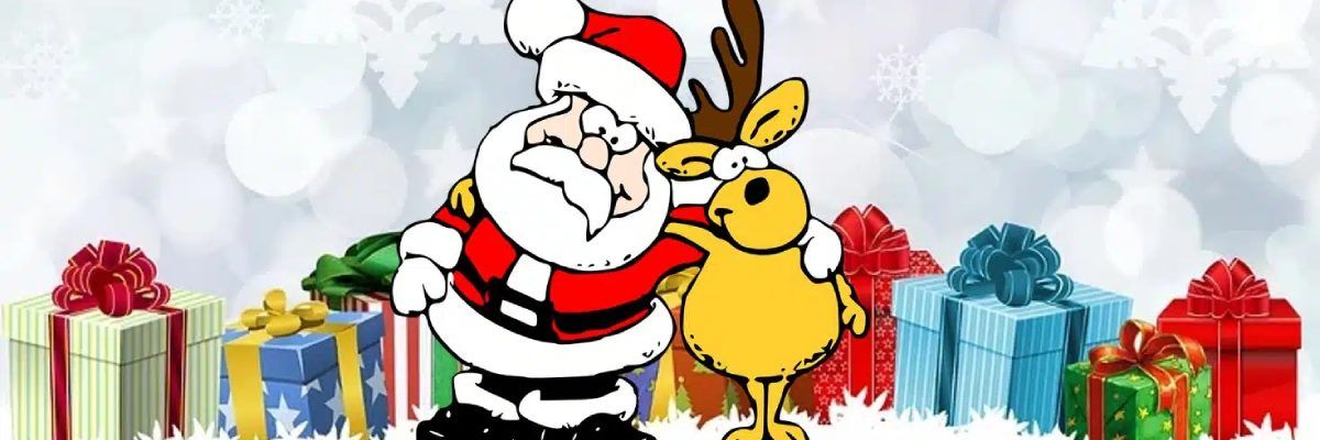 Narysowany Mikołaj stojący z reniferem, a w tle prezenty