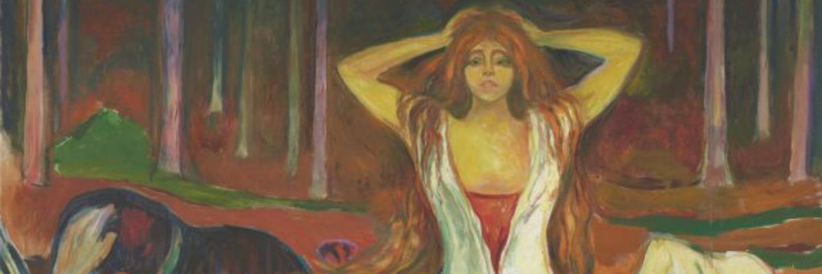 Obraz olejny na płótnie autorstwa  Edvarda Muncha przedstawiający  kobietę, która stoi w środku kompozycji trzymając się za głowę