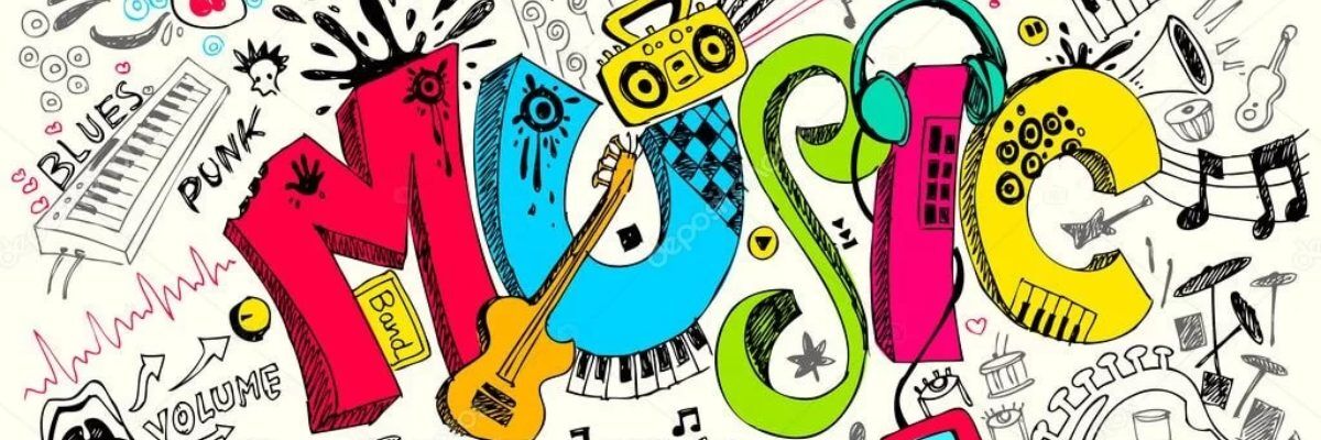 Kolorowy napis "Music" na białym tle z rysunkami instrumentów muzycznych