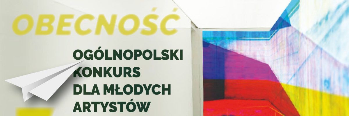 Żółty napis "obecność" i niżej zielony napis "ogólnopolski konkurs dla młodych artystów", a po prawej stronie kolorowe figury geometryczne