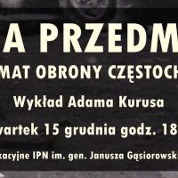 Napis "Czołgi na przedmieściach. Fakty i mity na temat obrony Częstochowy w 1939 roku" na czarnym tle