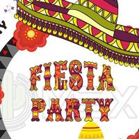 Meksykański kapelusz na kole, w którym jest kolorowy napis "Fiesta party", u góry kolorowe plamy z farby
