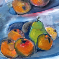 Obraz martwej natury Jerzego Klimczaka przedstawiający owoce tj. jabłka i gruszki na niebieskim talerzu