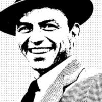Czarno-biały rysunek uśmiechniętego Sinatry w kapeluszu, marynarce i krawacie, a obok rysunek czarnego kapelusza a pod nim żółty napis "Sinatra 100+"