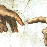 Fragment fresku Michała Anioła "Stworzenie Adama" przedstawiający zetknięcie się czubków palców wskazujących Boga i Adama