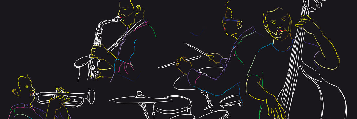 Narysowane na czarnym tle postaci grające na instrumentach muzycznych - gitara, trąbka, perkusja