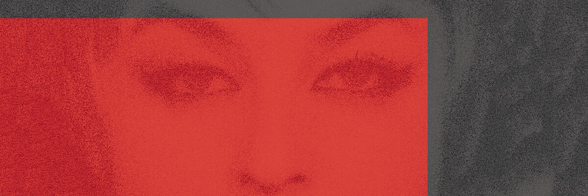 Oczy kobiety, na które jest nałożony czerwono-szary filtr