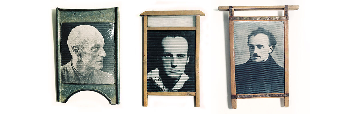 Trzy czarno-białe fotografie Zdzisława Sowińskiego przedstawiające twarze mężczyzn z wystawy "Władysław Strzemiński - fotograficzne reminiscencje"