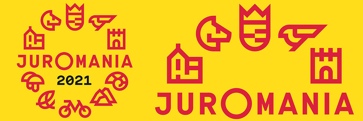 Napis "Juromania" i ikony reprezentujące różne aktywności na Jurze