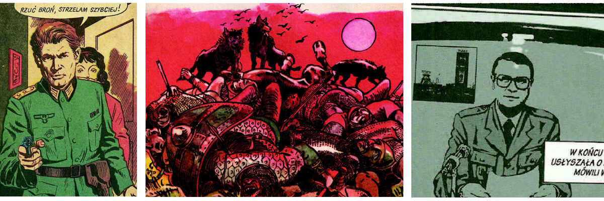 Kadry z komiksu: Hans Kloss, wilki na pobojowisku rycerzy i mundurowy w telewizji