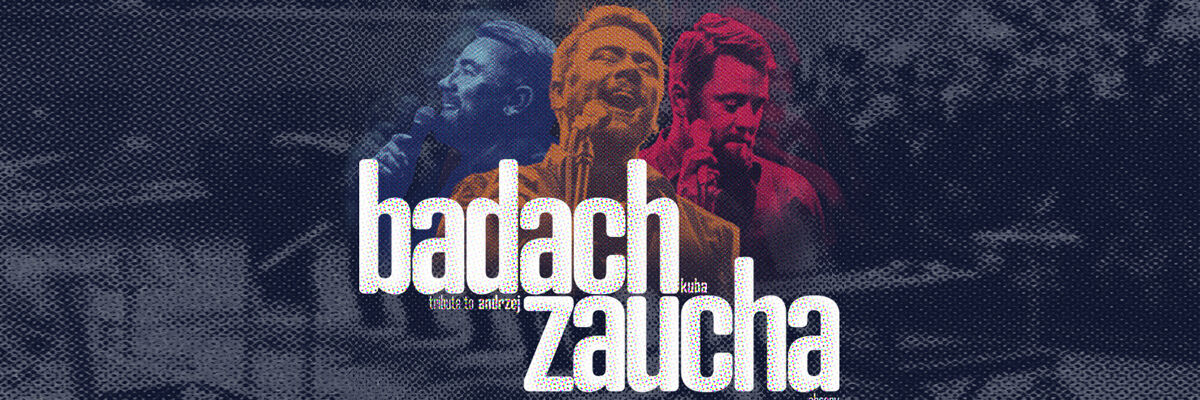 Typograficzna reklama koncertu i potrójny portret wokalisty Kuby Badacha 