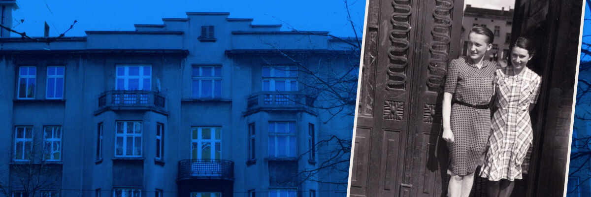Kamienica przy ulicy Kościuszki 14 i archiwalna fotografia Wandy i Czesławy Sędzielewskie w bramie kamienic