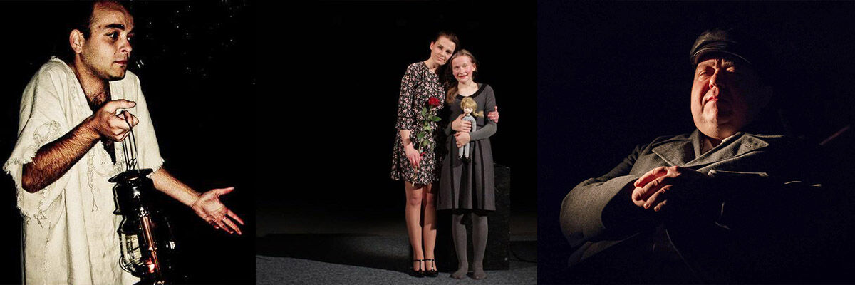 Trzy zdjęcia aktorów. Na pierwszym Eliasz Gramont trzymający lampę naftową, na drugim Julia Wasilewska trzymająca różę, pozująca z dziewczyną na scenie  i na trzecim Wojtek Kowalski w mundurze ze złożonymi rękami 