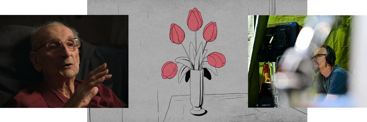 Rysunek tulipanów w wazonie oraz zdjęcia Bogdana Jastrzębskiego i Rafała Brylla