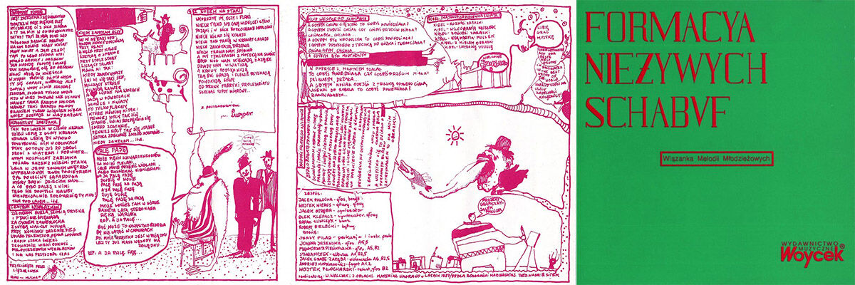 Kultowa zielona okładka pierwszej płyty Formacji Nieżywych Schabuf i rysowana wkładka z tekstami 