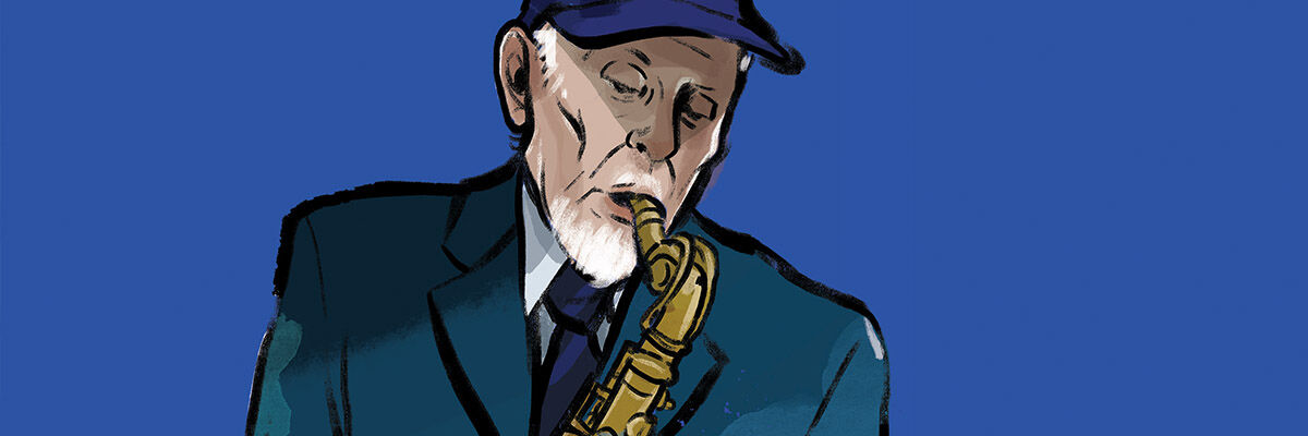 Rysunek Jana Ptaszyna Wróblewskiego grającego na saksofonie